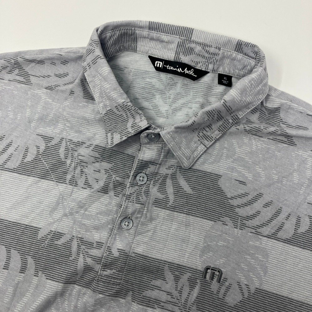 Travis Mathew Polo Shirt Mens XL Gray Tropical Monstera Stripe Logo
